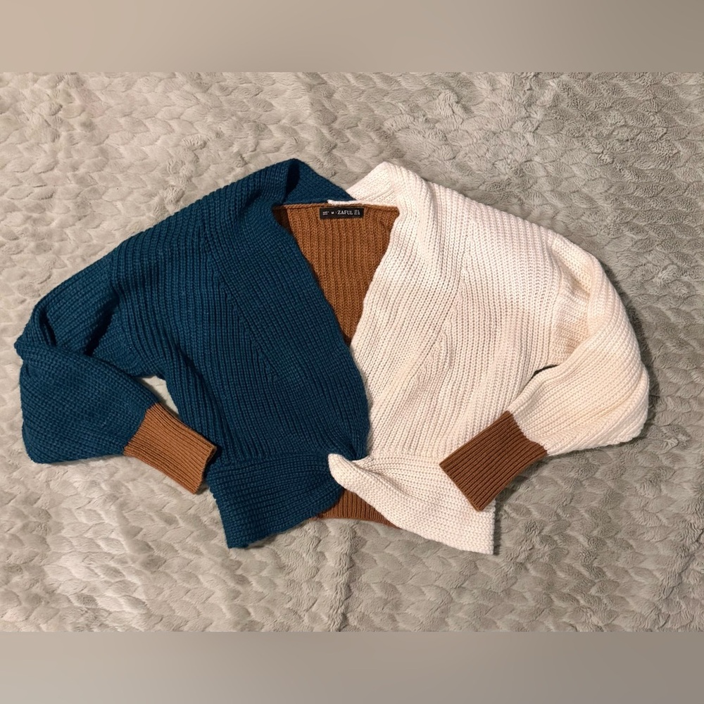 Women's Colorblock Sweater - Cream, Teal, and Brown